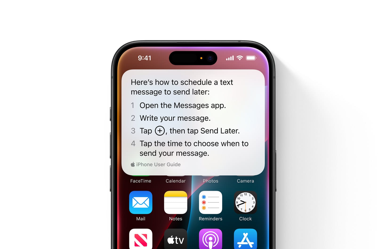 Siri answering "how to schedule a text message to send later" with four numbered steps drawn from the iPhone User Guide