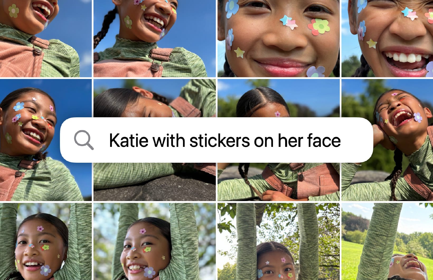 A photo library search for the phrase "Katie with stickers on her face", returning a grid of matching pictures of a girl with flower stickers on her cheeks