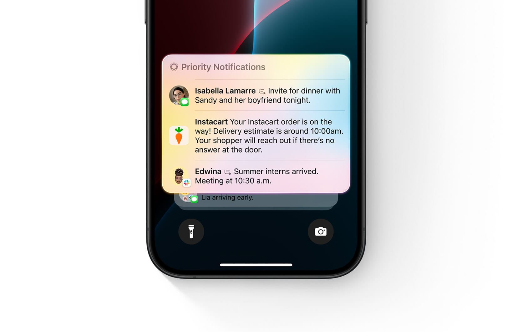 An iPhone lock screen showing a Priority Notifications summary that groups a dinner invitation, an Instacart delivery estimate and a meeting reminder
