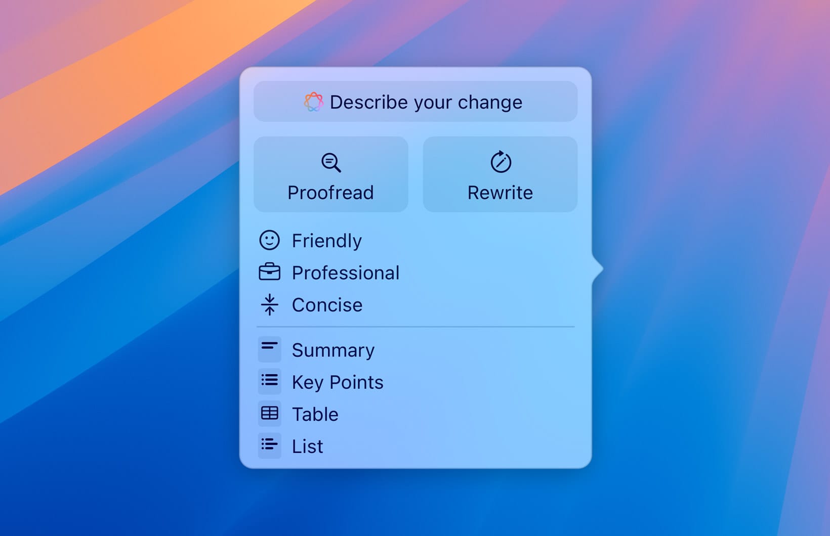 Apple's Writing Tools menu, offering Proofread and Rewrite alongside Friendly, Professional and Concise tones, and Summary, Key Points, Table and List formats