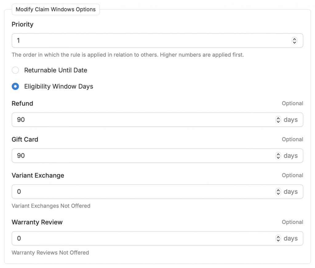 A Modify Claim Windows form setting eligibility windows of 90 days for refunds and gift cards, and zero days for variant exchanges and warranty reviews