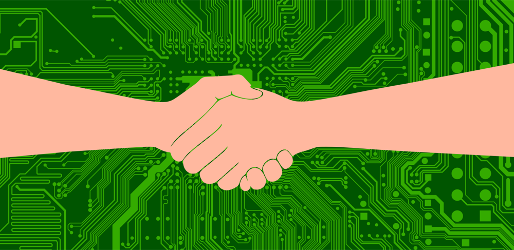An illustration of two hands shaking against a green circuit board