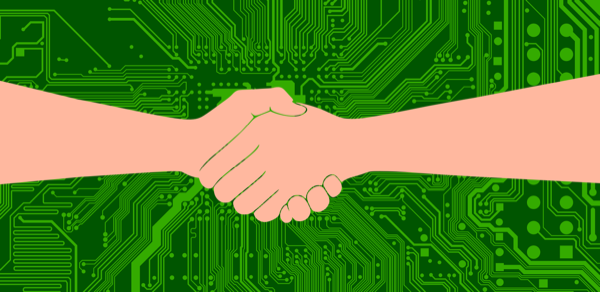 An illustration of two hands shaking against a green circuit board
