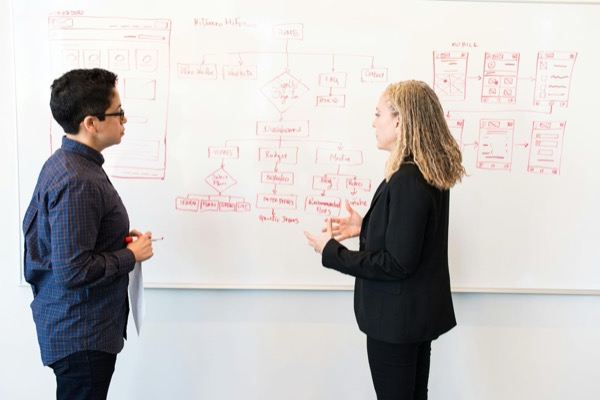 Two people talking in front of a whiteboard covered in red diagrams