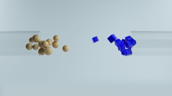 A cluster of tan spheres on one shelf and blue cubes on another, in a minimal 3D render