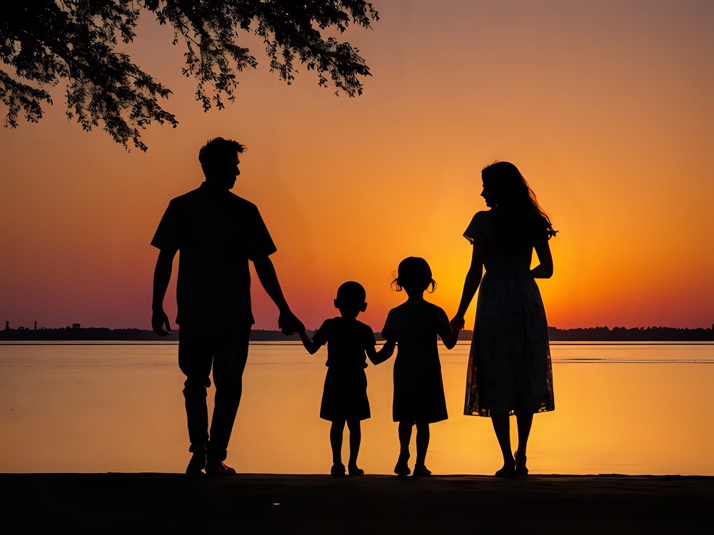 Silhouette of two adults and two children holding hands beside water at sunset