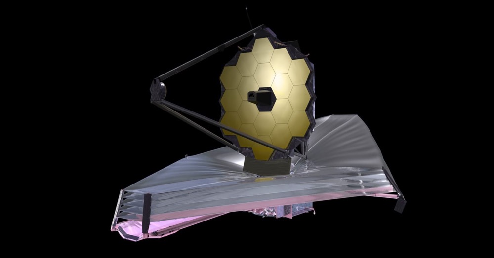 A rendering of the James Webb Space Telescope, its gold hexagonal mirror above the layered sunshield