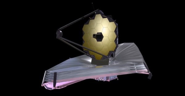 A rendering of the James Webb Space Telescope, its gold hexagonal mirror above the layered sunshield
