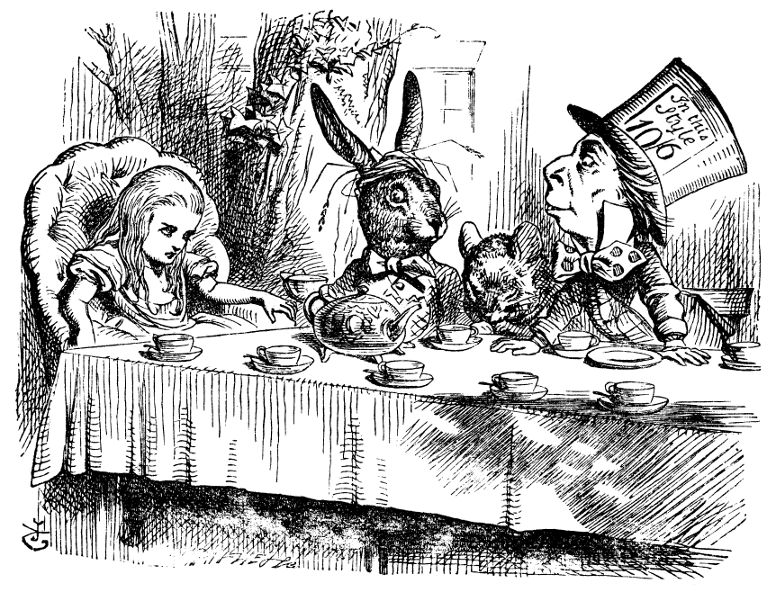 John Tenniel's illustration of the Mad Hatter's tea party, with Alice, the March Hare, the Dormouse and the Hatter