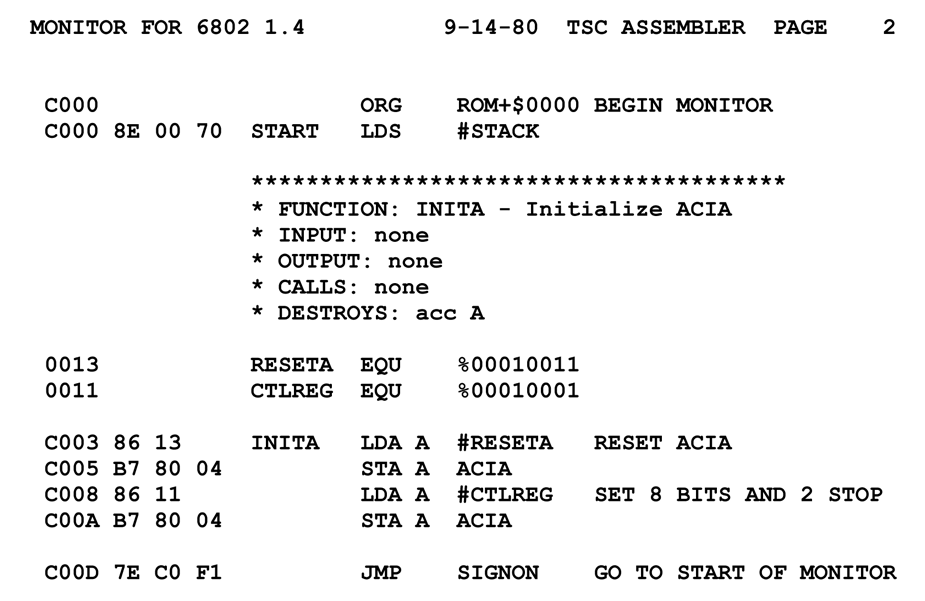 A printed Motorola 6800 assembly language listing for a 6802 monitor program