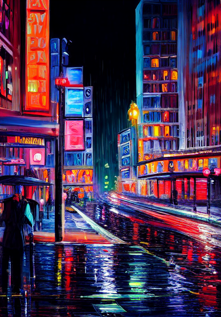 Stable Diffusion output for the prompt "rainy busy city streets at night with neon lights, oil painting" (4 of 6)