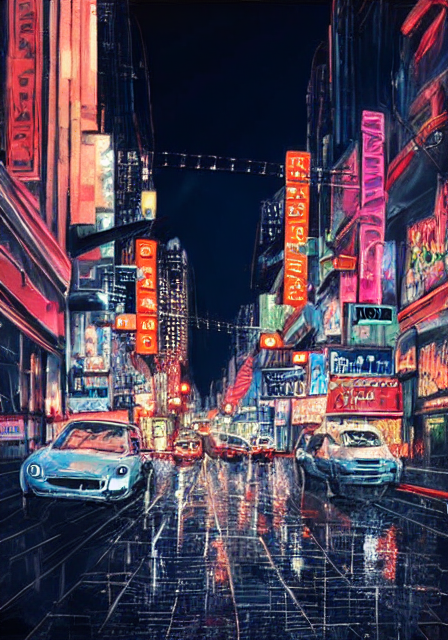 Stable Diffusion output for the prompt "rainy busy city streets at night with neon lights, oil painting" (6 of 6)
