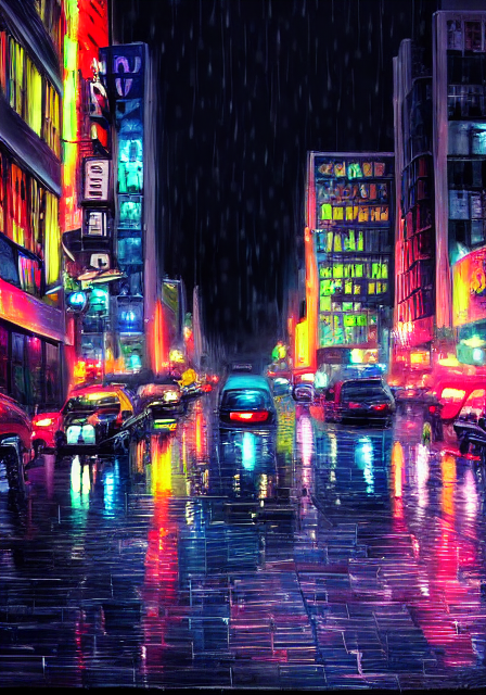 Stable Diffusion output for the prompt "rainy busy city streets at night with neon lights, oil painting" (5 of 6)