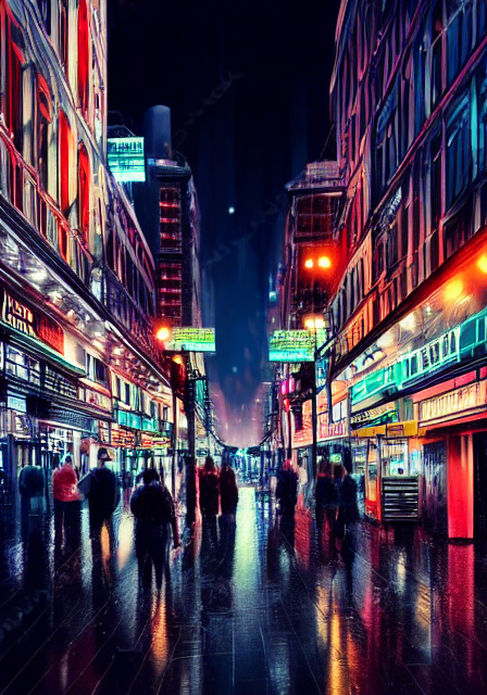 Stable Diffusion output for the prompt "rainy busy city streets at night with neon lights, oil painting" (3 of 6)