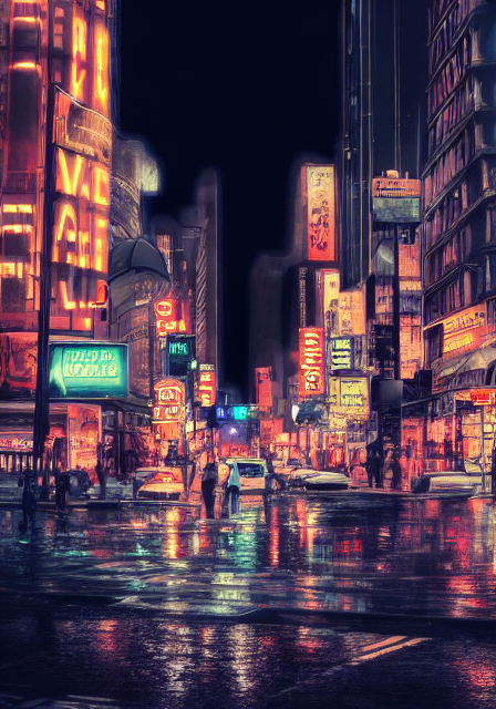 Stable Diffusion output for the prompt "rainy busy city streets at night with neon lights, oil painting" (2 of 6)