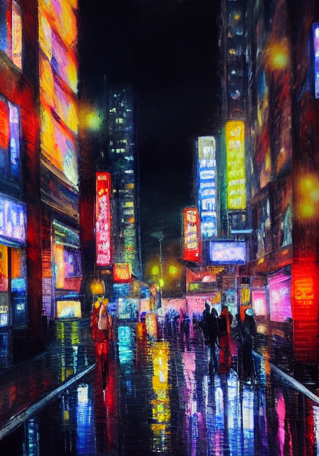 Stable Diffusion output for the prompt "rainy busy city streets at night with neon lights, oil painting" (1 of 6)