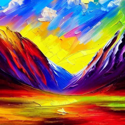 Stable Diffusion output for the prompt "mountain, colorful oil painting, thick brush strokes" (5 of 5)