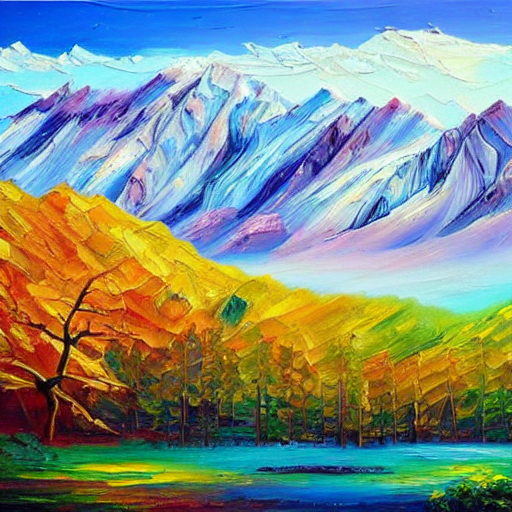 Stable Diffusion output for the prompt "mountain, colorful oil painting, thick brush strokes" (2 of 5)