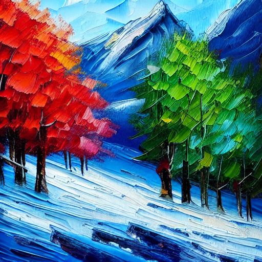 Stable Diffusion output for the prompt "mountain, colorful oil painting, thick brush strokes" (1 of 5)