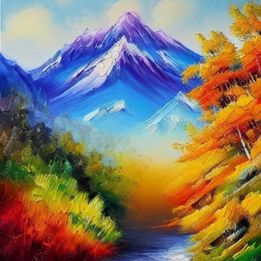 Stable Diffusion output for the prompt "mountain, colorful oil painting, thick brush strokes" (4 of 5)