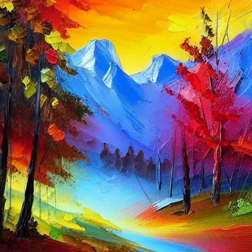 Stable Diffusion output for the prompt "mountain, colorful oil painting, thick brush strokes" (3 of 5)