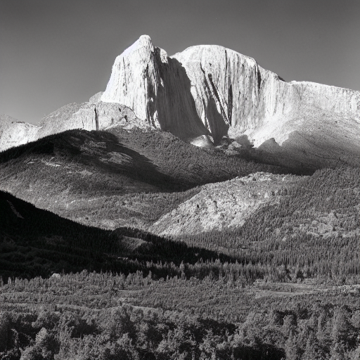 Stable Diffusion output for the prompt "mountain, Ansel Adams" (1 of 5)