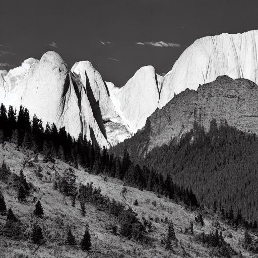 Stable Diffusion output for the prompt "mountain, Ansel Adams" (5 of 5)