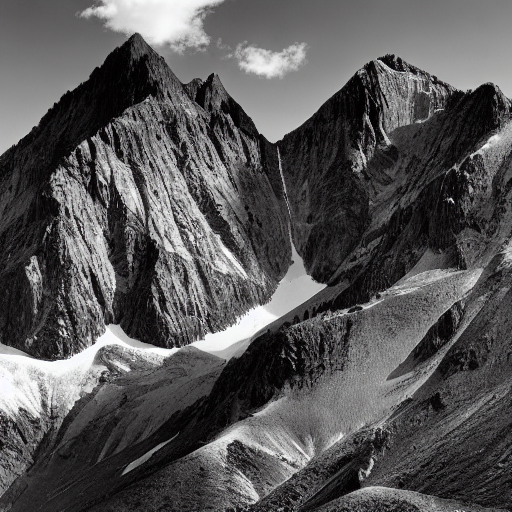 Stable Diffusion output for the prompt "mountain, Ansel Adams" (3 of 5)