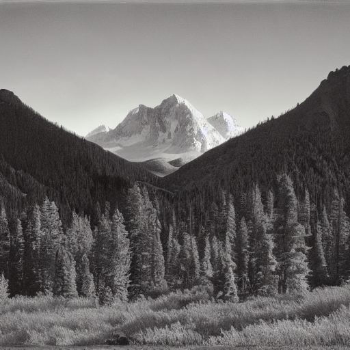 Stable Diffusion output for the prompt "mountain, Ansel Adams" (4 of 5)