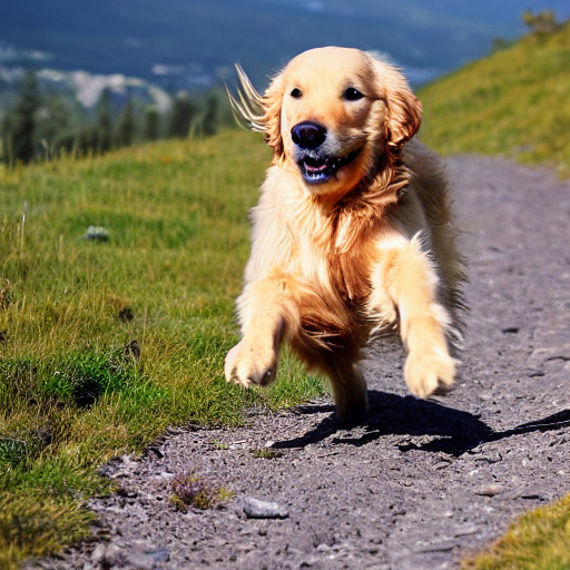 Stable Diffusion output for the prompt "golden retriever, running up a mountain" (1 of 3)