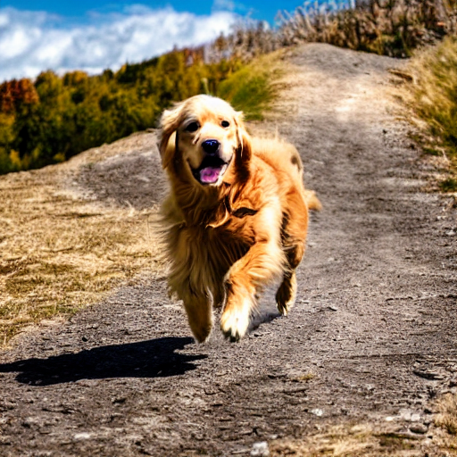 Stable Diffusion output for the prompt "golden retriever, running up a mountain" (3 of 3)