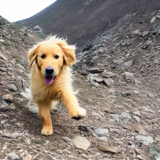 Stable Diffusion output for the prompt "golden retriever, running up a mountain" (2 of 3)