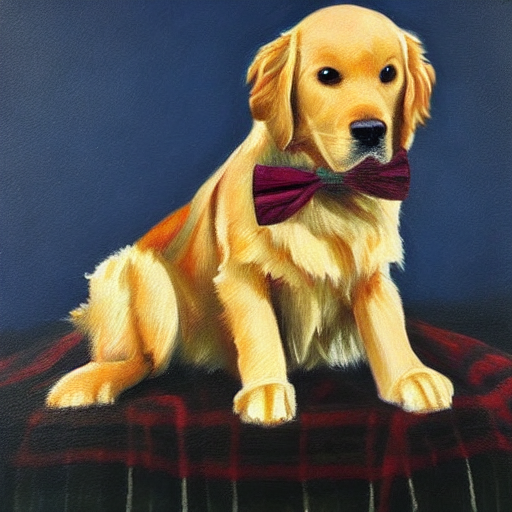 Stable Diffusion output for the prompt "golden retriever wearing a bow, portrait, oil painting" (1 of 3)