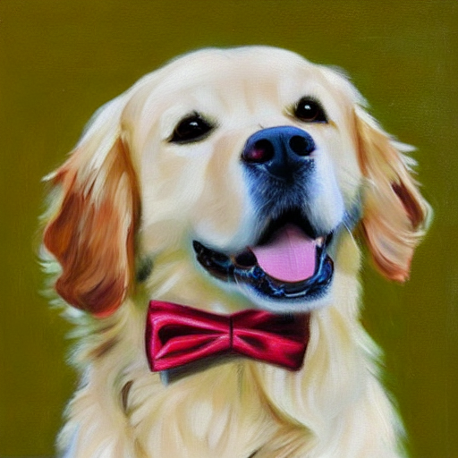 Stable Diffusion output for the prompt "golden retriever wearing a bow, portrait, oil painting" (3 of 3)