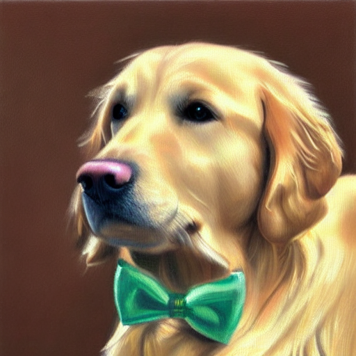 Stable Diffusion output for the prompt "golden retriever wearing a bow, portrait, oil painting" (2 of 3)