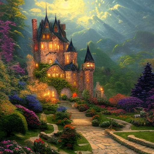 Stable Diffusion output for the prompt "castle Thomas Kinkade" (3 of 5)