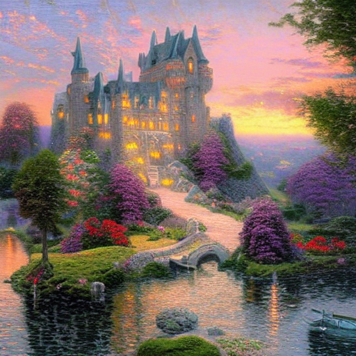Stable Diffusion output for the prompt "castle Thomas Kinkade" (1 of 5)
