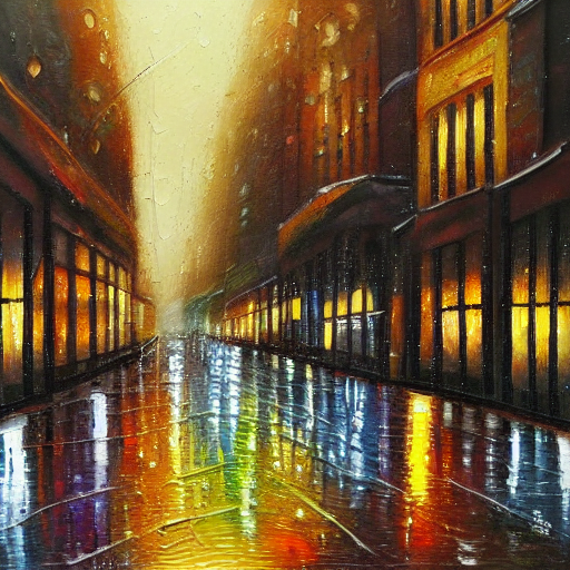 Stable Diffusion output for the prompt "city street in the rain, painting" (1 of 5)