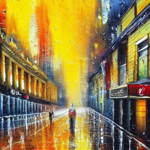 Stable Diffusion output for the prompt "city street in the rain, painting" (2 of 5)