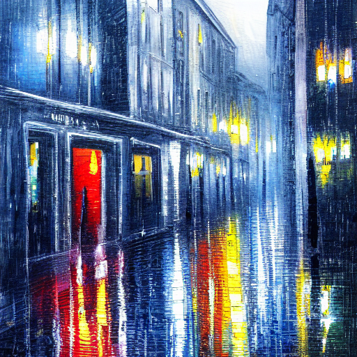 Stable Diffusion output for the prompt "city street in the rain, painting" (3 of 5)