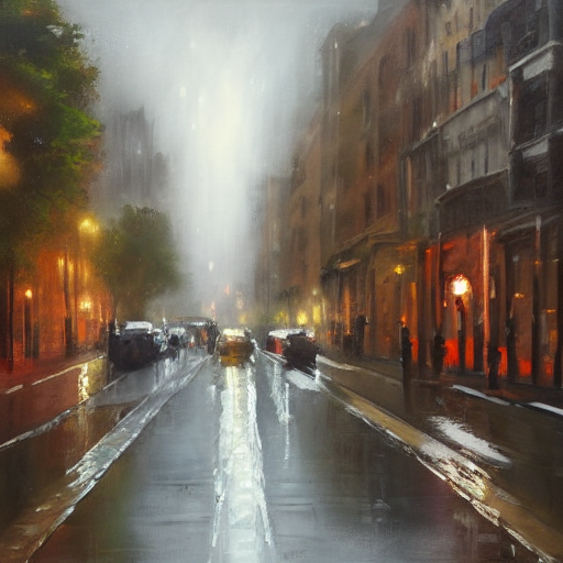 Stable Diffusion output for the prompt "city street in the rain, painting" (4 of 5)