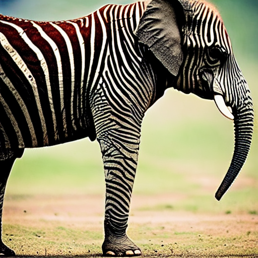 Stable Diffusion output for the prompt "elephant zebra, National Geographic" (2 of 5)
