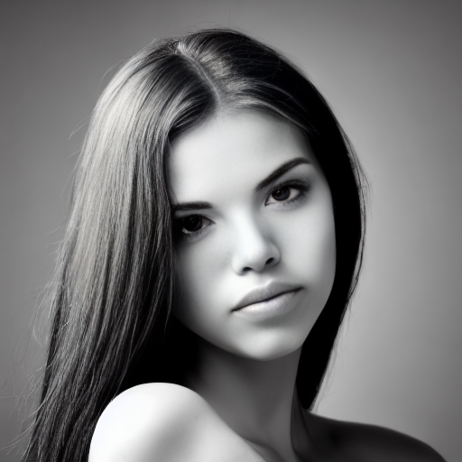Stable Diffusion output for the prompt "head photo of a woman looking at the camera, black and white, Canon EOS 5D" (1 of 9)