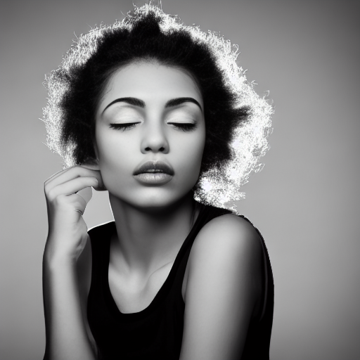 Stable Diffusion output for the prompt "head photo of a woman looking at the camera, black and white, Canon EOS 5D" (3 of 9)