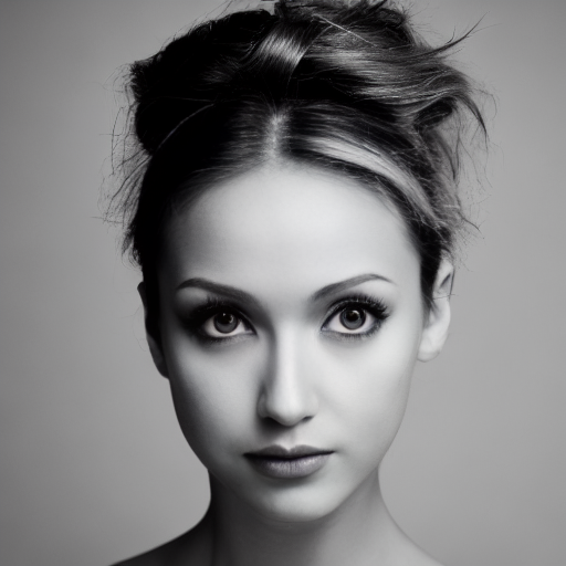 Stable Diffusion output for the prompt "head photo of a woman looking at the camera, black and white, Canon EOS 5D" (9 of 9)