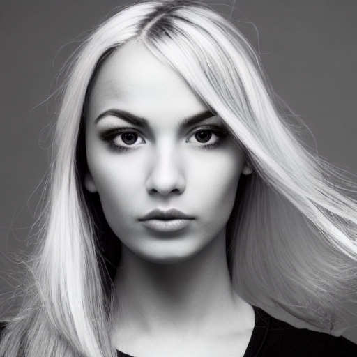 Stable Diffusion output for the prompt "head photo of a woman looking at the camera, black and white, Canon EOS 5D" (6 of 9)