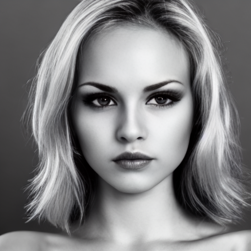 Stable Diffusion output for the prompt "head photo of a woman looking at the camera, black and white, Canon EOS 5D" (8 of 9)