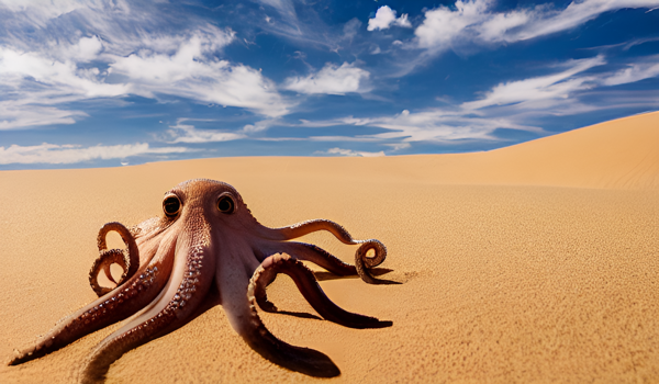 An AI-generated image of an octopus resting on a sand dune under a blue sky