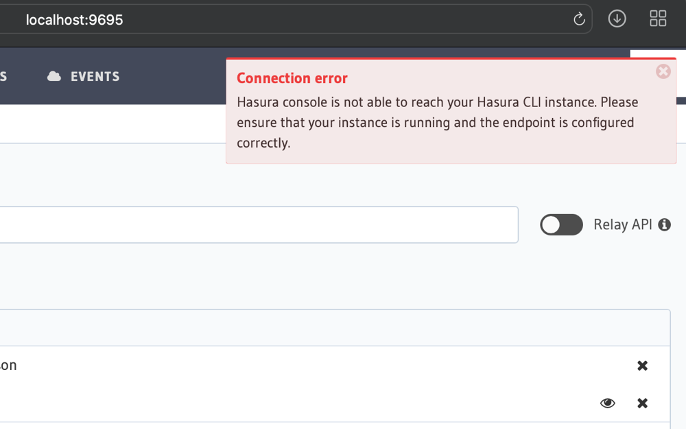 A screenshot of the Hasura console showing a red connection error, reporting that the console cannot reach the CLI instance