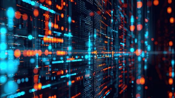 An abstract grid of glowing orange and blue data points receding into the distance